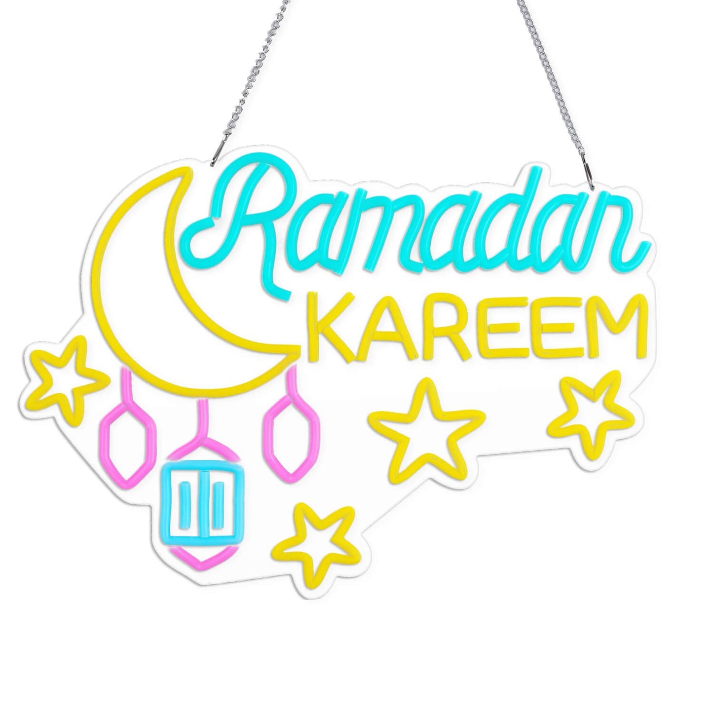 إضاءة نيون رمضان كريم مع فانوس ونجوم