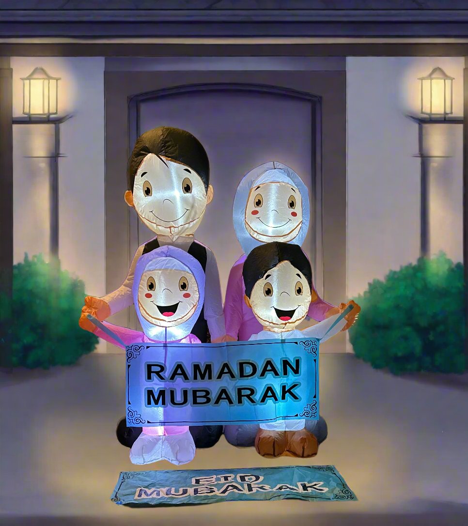 مجسم العائلة المسلمة مع لافتتين لرمضان والعيد قابلة للتبديل