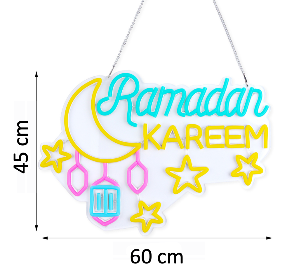 إضاءة نيون رمضان كريم مع فانوس ونجوم