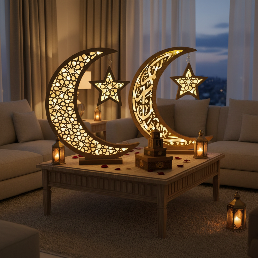 Oversized Wooden and Acrylic Crescent with LED Lighting