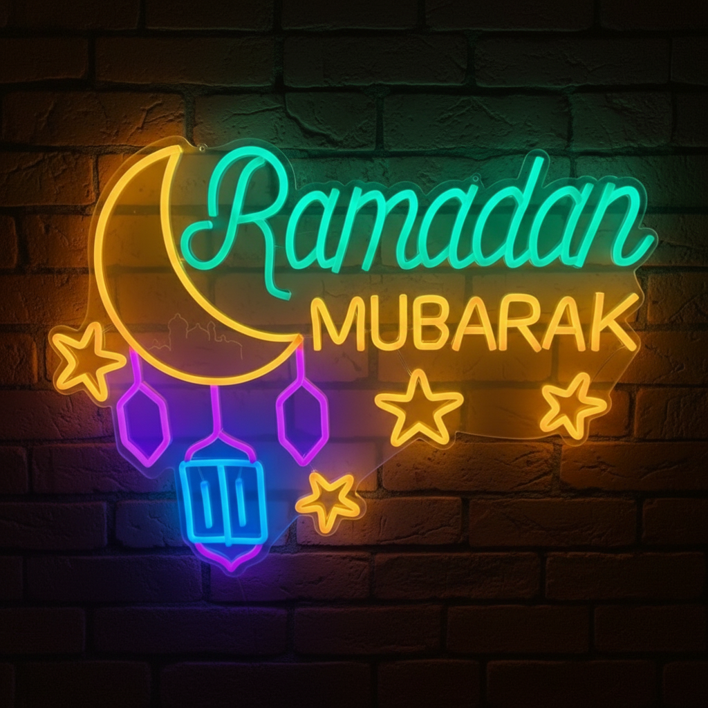 Ramadan Mubarak Neon Lights with Lantren and Stars
