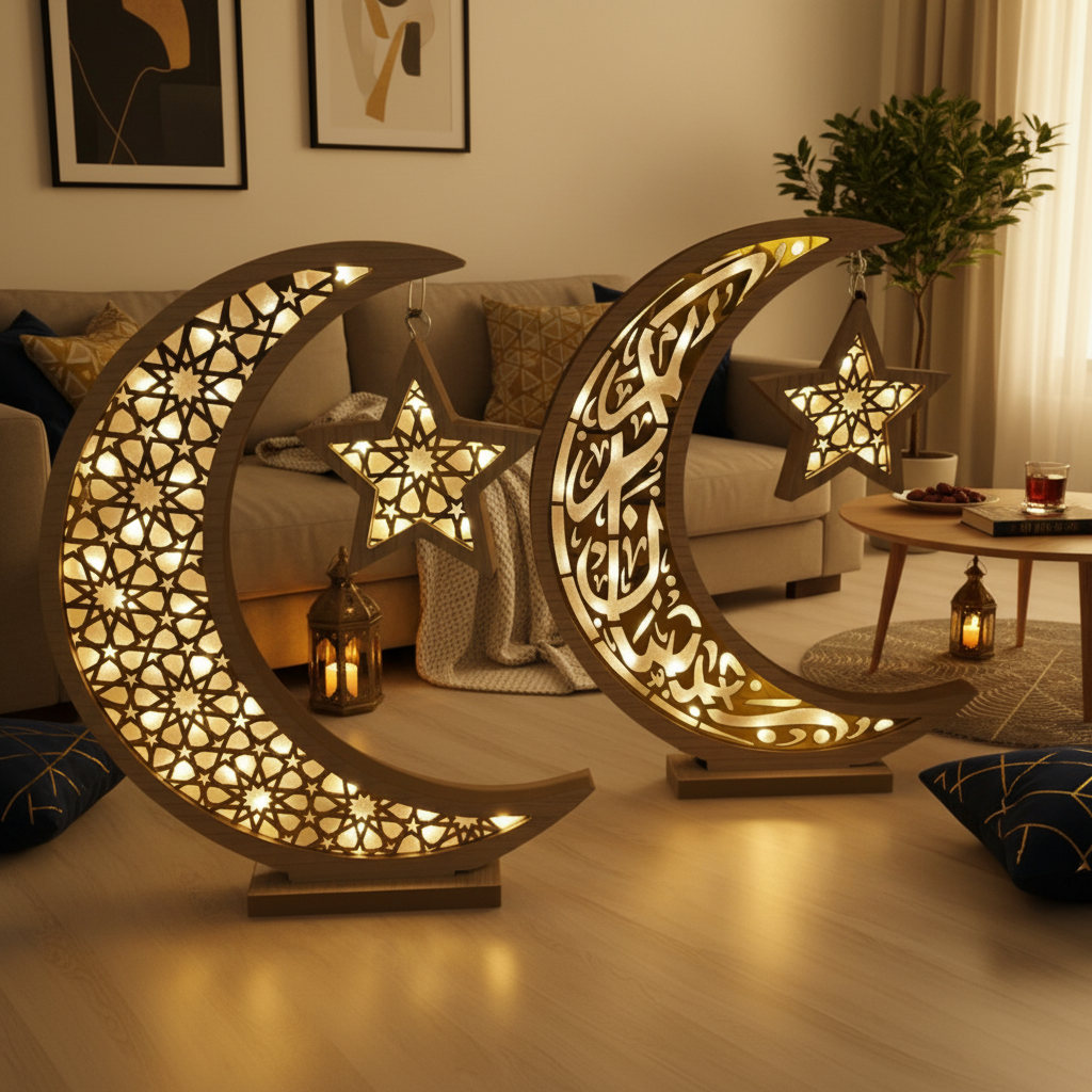 Oversized Wooden and Acrylic Crescent with LED Lighting